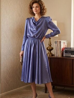 Vintage 80s Blue Metallic Satin Midi Dress Medium Long Sleeve Cowl Neck Elegant
